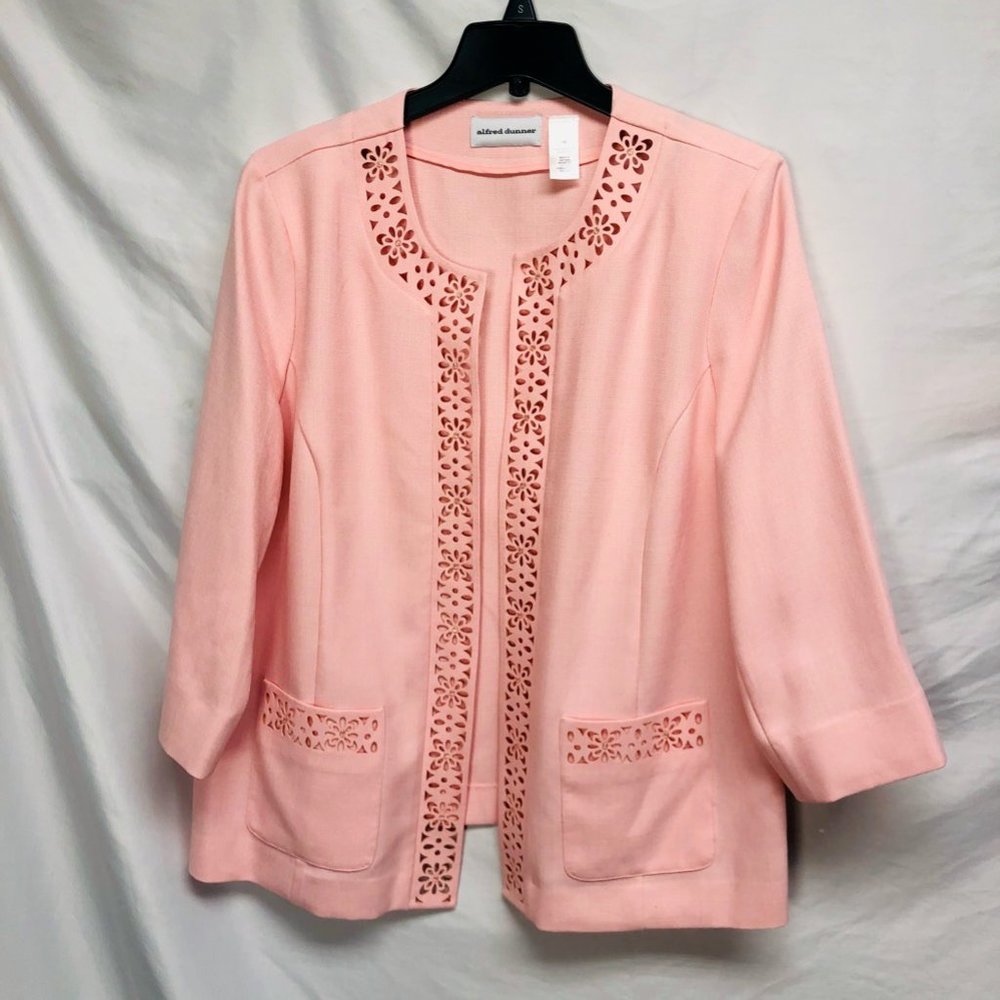 Alfred Dunner Womens Rose Hill Jacket Pink Laser Cutout Open Front Plus 18